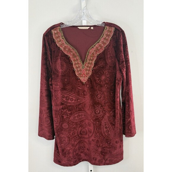 Soft Surroundings Burgundy Velvet Tunic Top L Embroidered Beaded Boho Holiday - Picture 1 of 8
